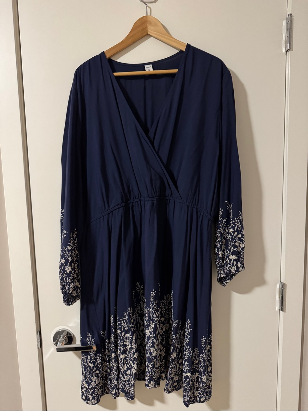 Old Navy Navy Blue Long-Sleeve Floral-Trim Wrap Dress